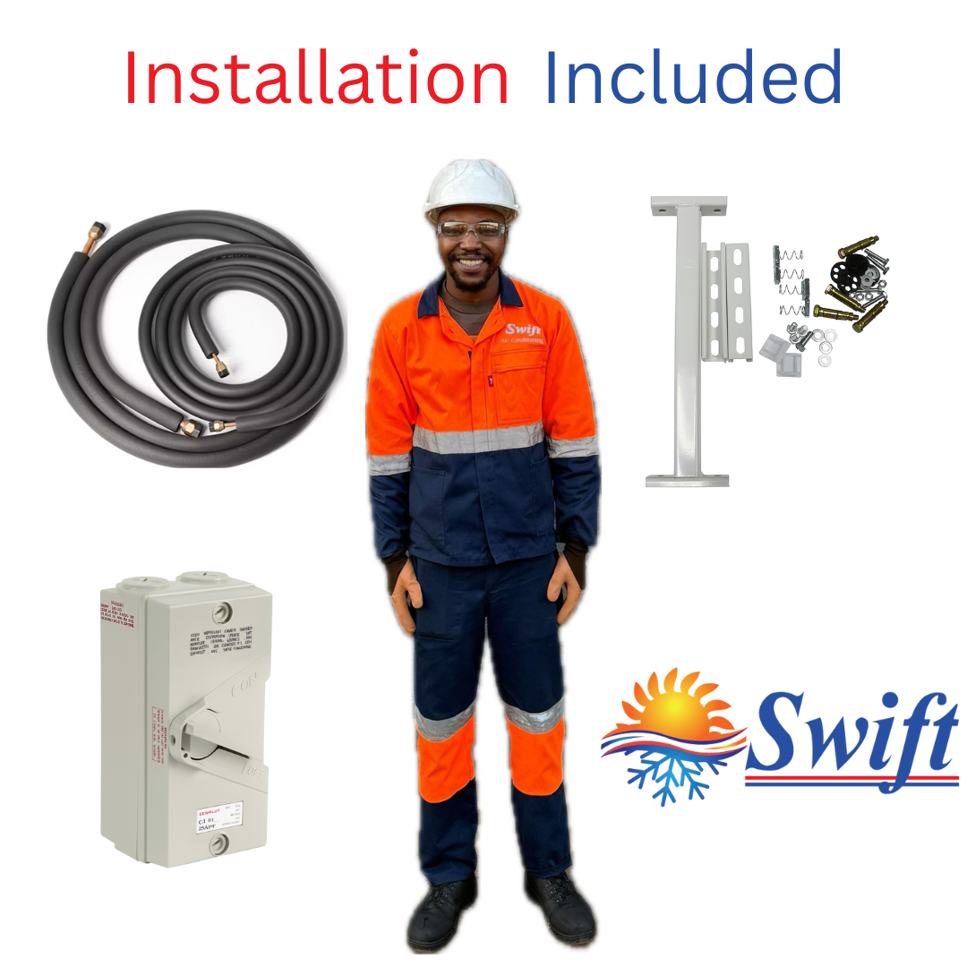 Person in safety gear with HVAC installation components and Swift logo on a white background. Aircon installation technician 